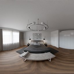 360-degree HDR image of a stylish modern bedroom with gray bedding, large windows with curtains, wooden floor, and a green plant.
