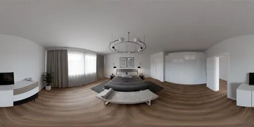 360-degree HDR image of a stylish modern bedroom with gray bedding, large windows with curtains, wooden floor, and a green plant.