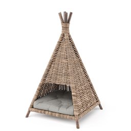Realistic 3D rendered pet tipi with rattan texture and cushion, suitable for Blender projects.