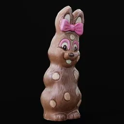 "3D model of a chocolate bunny with pink bow, perfect for Easter decorations. Made with Blender 3D software and photoscanned for realistic details. Ideal for sweet and dessert category projects."