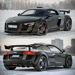 High-detail Audi R8 Blender 3D model showing front and rear angles with carbon fiber enhancements.