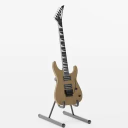 "Jackson JS32 Dinky electric guitar, a 3D model for Blender 3D. This realistic metalhead-inspired guitar on a stand features a manly design with small legs, rendered in 2019 with an earth tone color scheme. Perfect for your 3D projects and inspired by Andries Both's work."