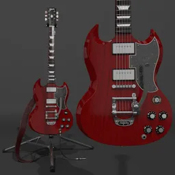 Detailed 3D model of a red Gibson SG guitar with Bigsby, dual humbuckers, and stand, ideal for Blender rendering.