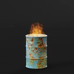 "Metal drum on fire 3D model - perfect for agriculture or industrial game renders. This BlenderKit asset features a dynamic animation of a burning oil drum, complete with dripping oil and blue energy effects. Ideal for those looking for high-quality 3D game assets and eye-catching Discord profile pictures."