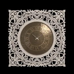 Intricate wood-framed wall clock 3D model with bronze details, perfect for Blender rendering and design use.