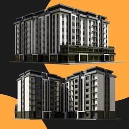"Explore the modern Residential Building designed by M3D with Blender 3D. This public category 3D model showcases two side-by-side buildings with unique textures including corona rendering and toon-shading. Enjoy the realistic tenement buildings, perfect for architectural visualization projects."
