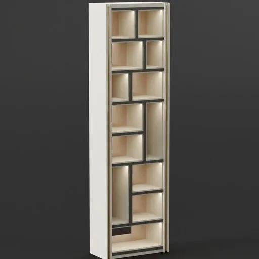 Modern editable 3D model of a tall, white display shelf with multiple compartments, ideal for Blender rendering.