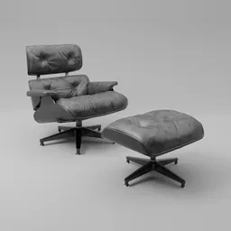 Black leather Eames-style lounge chair and ottoman 3D model with detailed textures, optimized for Blender rendering.