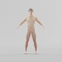 "Rigged Adan Character: A thin, shirtless man with outstretched arms standing in a studio. Created in Blender 3D and inspired by the works of Henry Scott Tuke and Damien Hirst, this 3D model features full body human legs and 8k super resolution for realistic detail."