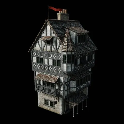 Detailed 3D render of a timber-framed medieval house with high-resolution textures, available for Blender.