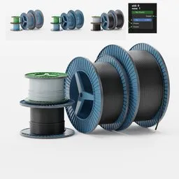 "Set of 4 metal cable drums for Blender 3D, featuring sizes of 800 mm, 1000 mm, 1400 mm, and 1600 mm with options for rusted or newly painted designs. Includes cables with wires connected and a mix shader to switch between old and new looks. Ideal for industrial and product design renders."