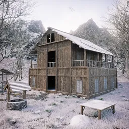 Winter Cabin & Snowy Mountain