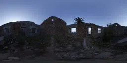Detailed HDR texture of dilapidated walls and openings under twilight sky for scene lighting.