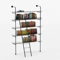Realistic Blender 3D render of an industrial-style metal bookshelf filled with a variety of aged books.