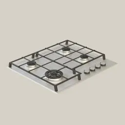 Detailed 3D model of a gas stove top with burners and knobs, compatible with Blender rendering.