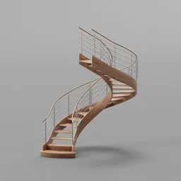 "Minimalist spiral staircase made of rosewood and metal handrail, 3D model designed by Martin Kober for Blender 3D. Features attractive feminine curves and intricate filigree, with small steps leading down. Dimensions: 319cm height, 290cm diameter, 75cm stair width, and 19 steps."