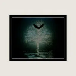 Artistic 3D model of a silhouette angel ascending above luminous tree, mystical aura, designed for Blender.