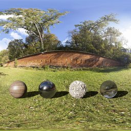 360-degree HDRI of Warsaw park with historic fortifications under clear skies, providing natural lighting for 3D rendering.
