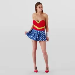 3D modeled young woman in Wonder Woman-inspired costume, designed for Blender, showcasing detailed textures and realistic proportions.