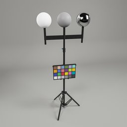 "3D Color Checker model with chrome, grey, and white ball and board checker, perfect for Blender 3D projects. Made with procedural textures and compatibility with Blender 3.4 software. Professional studio photograph with searchlight and illusory arms by Robert Goodnough and Xul Solar."