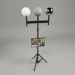 "3D Color Checker model with chrome, grey, and white ball and board checker, perfect for Blender 3D projects. Made with procedural textures and compatibility with Blender 3.4 software. Professional studio photograph with searchlight and illusory arms by Robert Goodnough and Xul Solar."