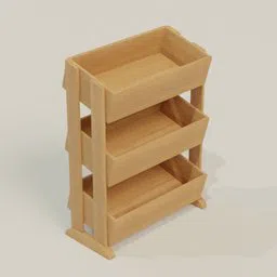 Detailed 3D wooden bookshelf model with four shelves angled view for Blender rendering and design visualization.