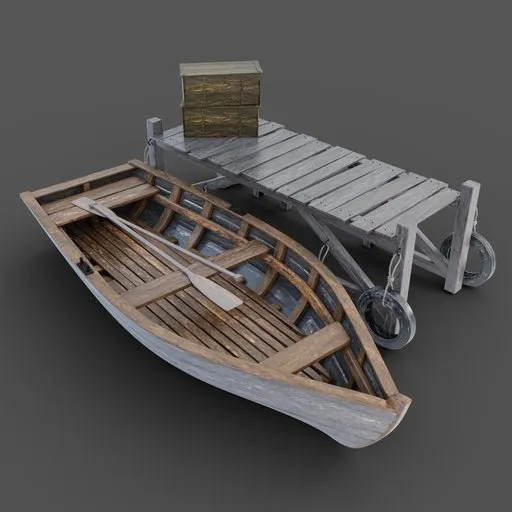 Detailed 3D model of a wooden fishing boat with planks and a rustic jetty with tire supports, ideal for Blender scene creation.