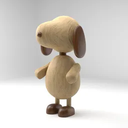 Detailed 3D render of stylized wooden dog figure, compatible with Blender for animation and rendering.