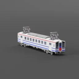 Alt text suggestion: "Highly detailed Blender 3D model of a Japanese train HK-100 used in the Hokuriku area, with a white and blue color scheme. Perfect for cargo transportation. Created by Kagaku Murakami in 2019."