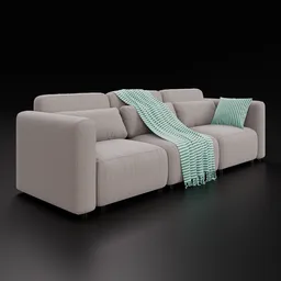 High-quality 3D model of a fabric three-seater sofa with customizable color in Blender 3D, ideal for interior design rendering.