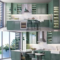 High-quality 3D-rendered modern kitchen scene with detailed interior design, ideal for Blender Cycles.