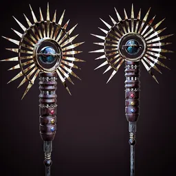 Detailed 3D model of a sinister, ornate cane with spikes and a blood-stained texture, available in 512, 1k, 2k resolutions.