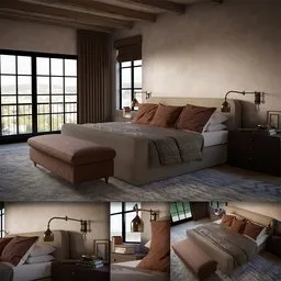 Realistic 3D cabin bedroom scene with PBR textures, unique materials, and high-quality unwrapped models.