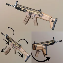 3D Blender model of FN SCAR-L assault rifle, game-ready with 4K textures and animations for firearms, FPS-ready mesh.