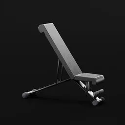 "Adjustable Bench with Incline, Decline and Flat positions for versatile workouts. 3D model for Blender 3D software. Features wheels for easy mobility and a sleek black design on a grey background."