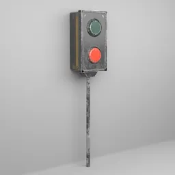 3D Blender model featuring vintage metal control box with red and green buttons on a pole.