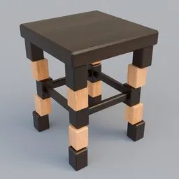 Detailed 3D wooden stool model with textured surfaces for Blender rendering, ideal for interior design visualization.