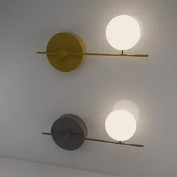 3D-rendered golden and black wall lights with illuminated spherical bulbs for Blender visualization.