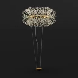 3D-rendered crystal chandelier with sparkling facets and gold finish suspended by steel cable for luxury interior design in Blender.