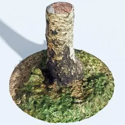 "Low poly 3D model of a tree stump with moss and 2k PBR textures created in Blender 3D using photoscan technology. Perfect for fantasy and RPG game item, with a ps5 listing image for speculative futures."