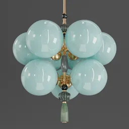 "Art Nouveau-inspired Pigl chandelier with glass balls and golden accents, perfect for luxurious ceiling lighting. Rendered beautifully with Blender 3D software, this pendant style chandelier brings a touch of classic elegance to any space. Get it from loft-concept.ru."