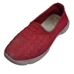 Detailed red 3D modeled pump shoe with floral texture, designed for Blender, showing intricate quad mesh topology.