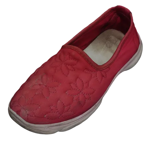 Detailed red 3D modeled pump shoe with floral texture, designed for Blender, showing intricate quad mesh topology.