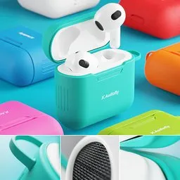 Realistic 3D rendering of wireless earbuds in colorful silicone cases for Blender artists.