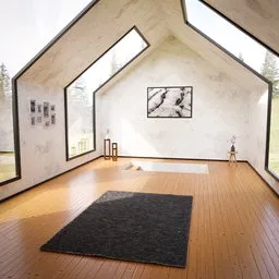 Realistic 3D rendering of a minimalist attic space with large windows and artwork, created using Blender.