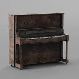 Highly detailed Blender 3D model of aged wooden upright piano with realistic textures and materials.