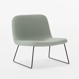 Olive green sculpted 3D chair model with black metal legs, Blender 3D render, furniture design visualization.