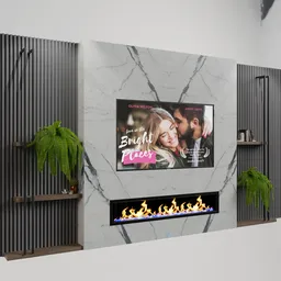 Realistic Blender 3D model featuring a sleek marble fireplace with flames, suitable for home scenes.