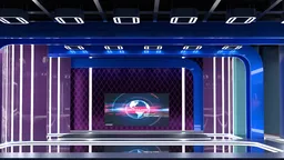 Modern virtual news studio 3D model with blue-purple lighting and digital elements for Blender.