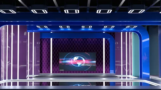 Modern virtual news studio 3D model with blue-purple lighting and digital elements for Blender.